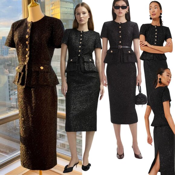 🆕 SELF-PORTRAIT 🧿 NWOT Black Tinsel Boucle Tailored Midi Dress, Sz UK 10 US 6 - Picture 1 of 16